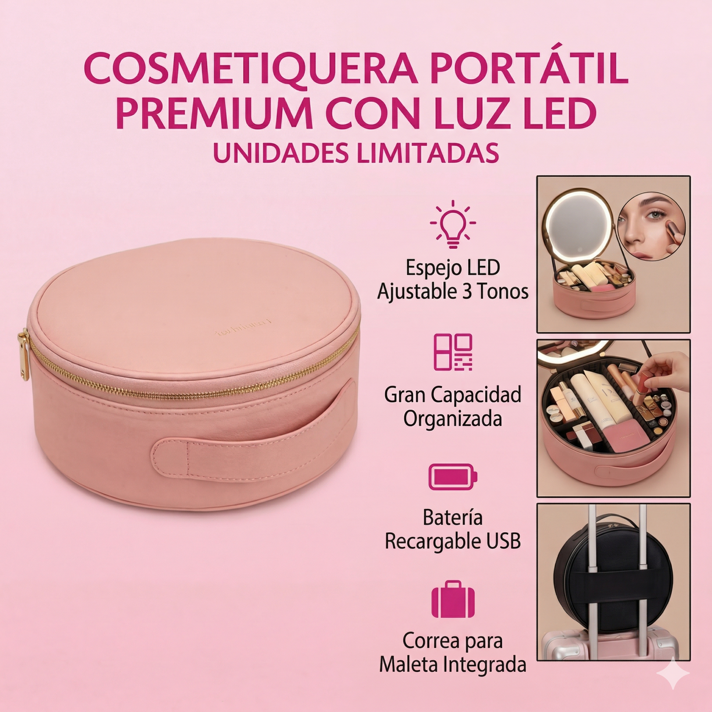 Cosmetiquera LED 2 en 1 ✨ Organiza tu maquillaje y luce perfecta en cualquier lugar