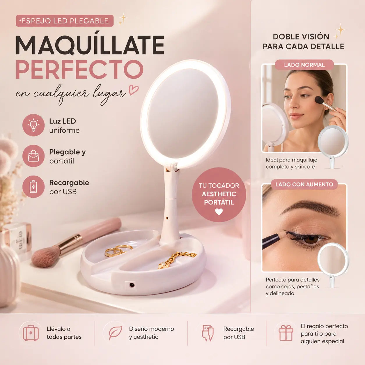 Espejo LED Plegable: Maquíllate perfecto en cualquier lugar ✨